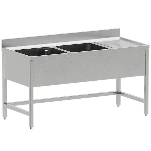 Spoeltafel | ECO | RVS | 2 Spoelbakken (Links) + Afdruipvlak | Achteropstand | 1600x700x865/965(h)mm