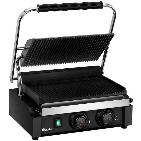 Contact-/Paninigrill | Enkel | Gegroefd Oppervlak 345x235 (Gietijzer) | 50°C/300°C | 2.2kW (230V) | Timer | 410x395x210(h)mm