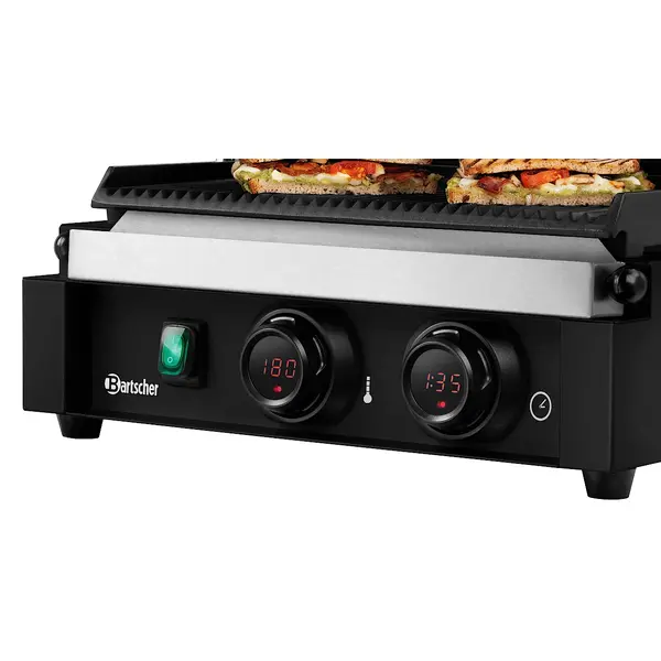Contact-/Paninigrill | Enkel | Gegroefd Oppervlak 345x235 (Gietijzer) | 50°C/300°C | 2.2kW (230V) | Timer | 410x395x210(h)mm