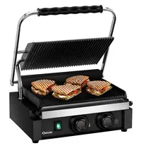 Bartscher Contact-/Paninigrill | Enkel | Gegroefd Oppervlak 345x235 (Gietijzer) | 50°C/300°C | 2.2kW (230V) | Timer | 410x395x210(h)mm 