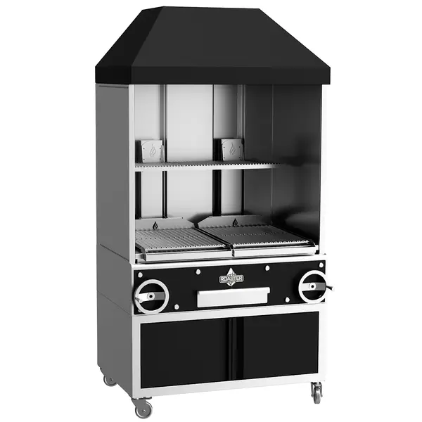 Houtskoolgrill | PARRILLA CANOPY | Oppervlak 1000x620 | 200°C/250°C | Verstelbare Grillhoogte/-Hoek | Achter-/Zijschermen + Bovenkap | Onderkast | Wielen (Geremd) | 1270x825x2350(h)mm