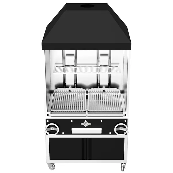 Houtskoolgrill | PARRILLA CANOPY | Oppervlak 1000x620 | 200°C/250°C | Verstelbare Grillhoogte/-Hoek | Achter-/Zijschermen + Bovenkap | Onderkast | Wielen (Geremd) | 1270x825x2350(h)mm