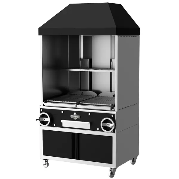 Houtskoolgrill | PARRILLA CANOPY | Oppervlak 1000x620 | 200°C/250°C | Verstelbare Grillhoogte/-Hoek | Achter-/Zijschermen + Bovenkap | Onderkast | Wielen (Geremd) | 1270x825x2350(h)mm