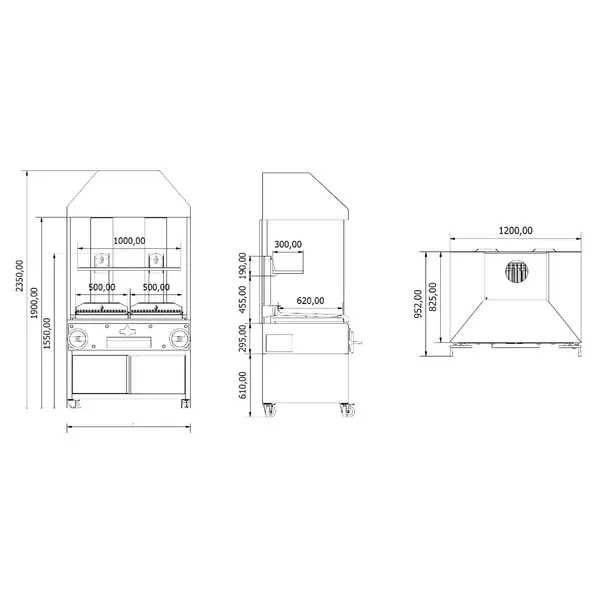 Houtskoolgrill | PARRILLA CANOPY | Oppervlak 1000x620 | 200°C/250°C | Verstelbare Grillhoogte/-Hoek | Achter-/Zijschermen + Bovenkap | Onderkast | Wielen (Geremd) | 1270x825x2350(h)mm
