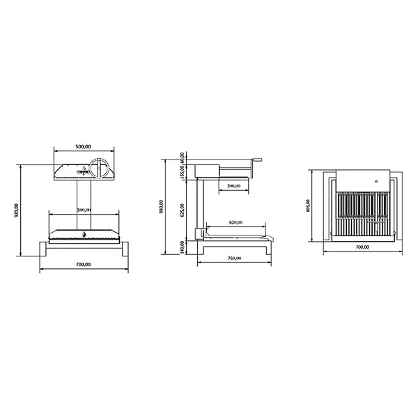 In-/Opbouw Houtskoolgrill | PARRILLA BI | Oppervlak 500x620 | Verstelbare Grillhoogte/-Hoek | 700x760x980(h)mm