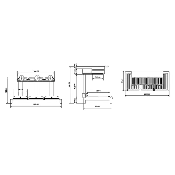 In-/Opbouw Houtskoolgrill | PARRILLA BI | Oppervlak 1500x620 | Verstelbare Grillhoogte/-Hoek | 1800x760x980(h)mm