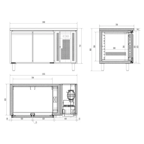 Koelwerkbank | Energiezuinig | 238L | 2 Deuren (1/1 GN) | -2°C/+8°C | Geforceerd | Bluetooth | Werkblad Afneembaar | 1360x700x860(h)mm