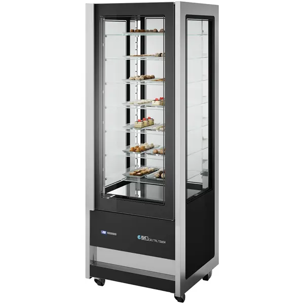 Koelvitrine | KRISTALLEN TOREN | 565L | RVS/Zwart | +1°C/+10°C | Geforceerd | 6 Niveaus | Wielen (Geremd) | 750x745x2062(h)mm
