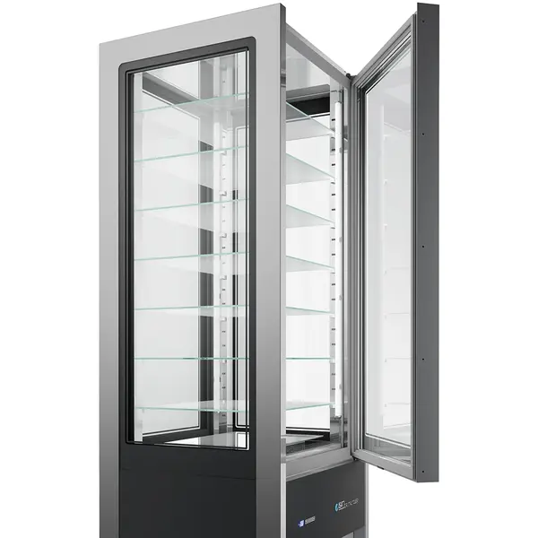 Koelvitrine | KRISTALLEN TOREN | 565L | RVS/Zwart | +1°C/+10°C | Geforceerd | 6 Niveaus | Wielen (Geremd) | 750x745x2062(h)mm