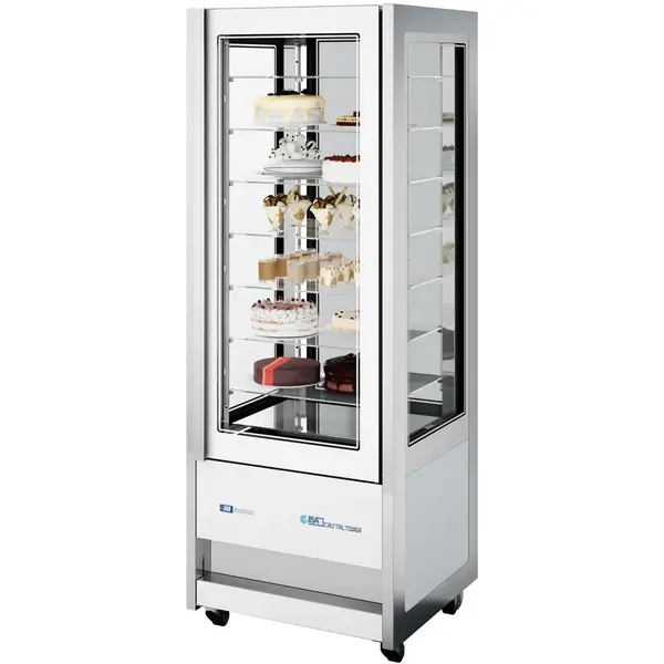 Koelvitrine | CRISTAL TOWER | 565L | RVS/Wit | +1°C/+10°C | Geforceerd | 6 Niveaus | Wielen (Geremd) | 750x745x2062(h)mm