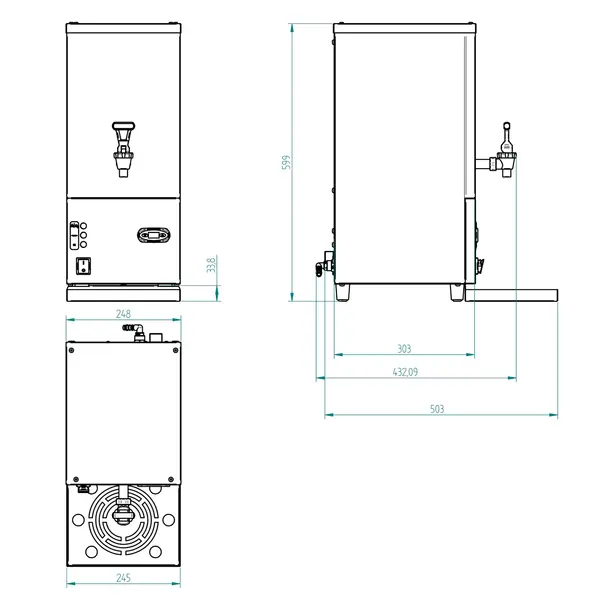 Heetwaterdispenser | RVS | 10L | 80°C/98°C | 3kW (230V) | Wateraansluiting | Dubbelwandig | Lekbak | 248x503x599(h)mm