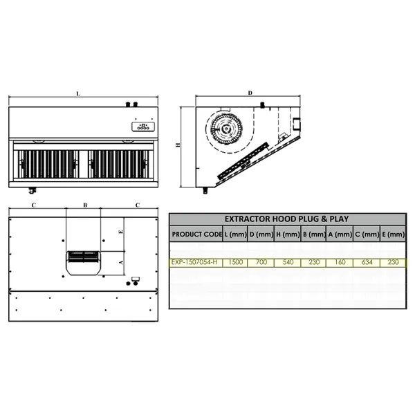 Afzuigkap | Schuin Model | Incl. Motor | 1600m³/u | Regelaar + Verlichting | 1500x700x540(h)mm