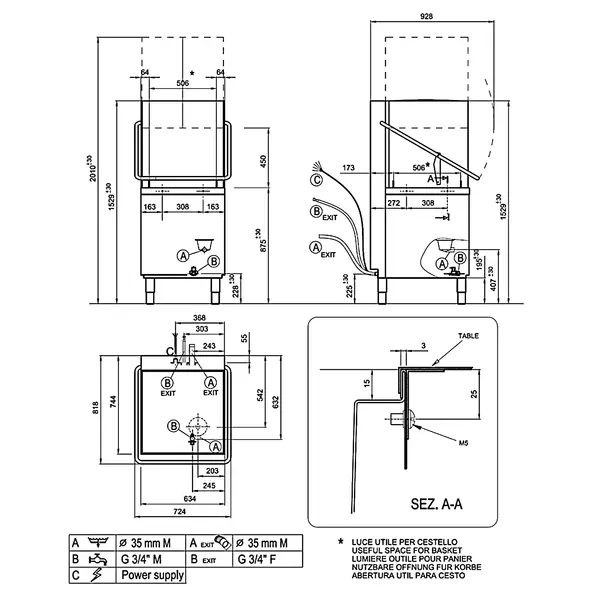 Doorschuifvaatwasser | ACTIVE WASH | Mand 500x500 | Naglanspomp | 400V | 710x818x1530/2010(h)mm