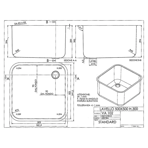 Spoelbak | RVS | In-/Onderbouw | Incl. Standpijp | 503x503x300(h)mm