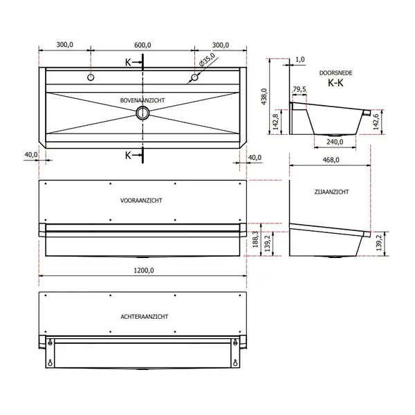 Wasbak | Incl. Afvoerplug + Spatscherm | RVS | 1200x468x438(h)mm