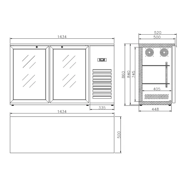 Barkoelkast | 305L | Zwart | +2°C/+10°C | Geforceerd | Draaideuren | 1434x520x860(h)mm