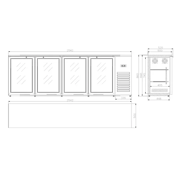 Barkoelkast | 636L | Zwart | +2°C/+10°C | Geforceerd | Draaideuren | 2542x520x860(h)mm