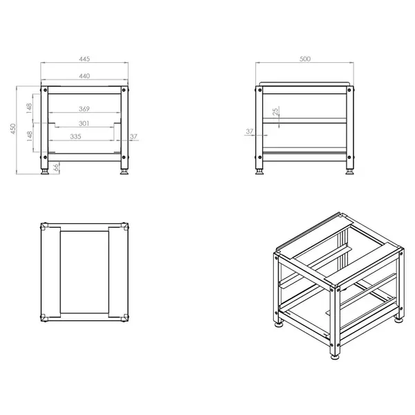 Onderstel Glazenspoelmachine | RVS | 2 Niveaus (350x350) | Stelvoeten | 445x500x450(h)mm