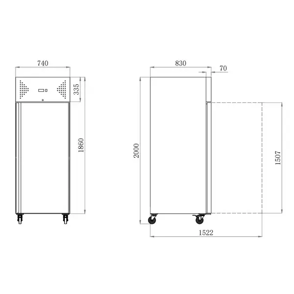 Vrieskast | 650L (2/1 GN) | RVS | -18°C/-22°C | Geforceerd | Wielen (Geremd) | 740x830x2010(h)mm