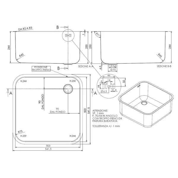 Spoelbak | RVS | In-/Onderbouw | Incl. Standpijp | 500x500x250(h)mm