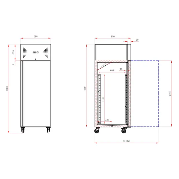 Vrieskast | STANDARD LINE | 600L (2/1 GN) | RVS | -10°C/-20°C | Statisch + Ventilator | Wielen (Geremd) | 680x810x2010(h)mm