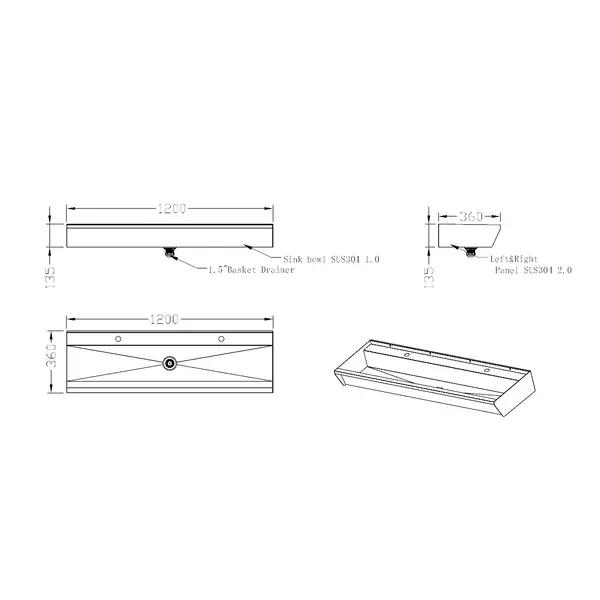 Wasbak | RVS | 2 Kraangaten | Incl. Afvoerplug | 1200x360x135(h)mm