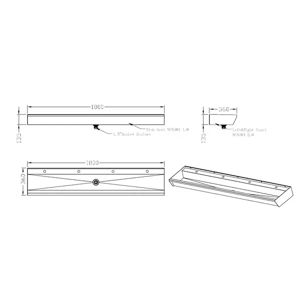 Wasbak | RVS | 4 Kraangaten | Incl. Afvoerplug | 1800x360x135(h)mm