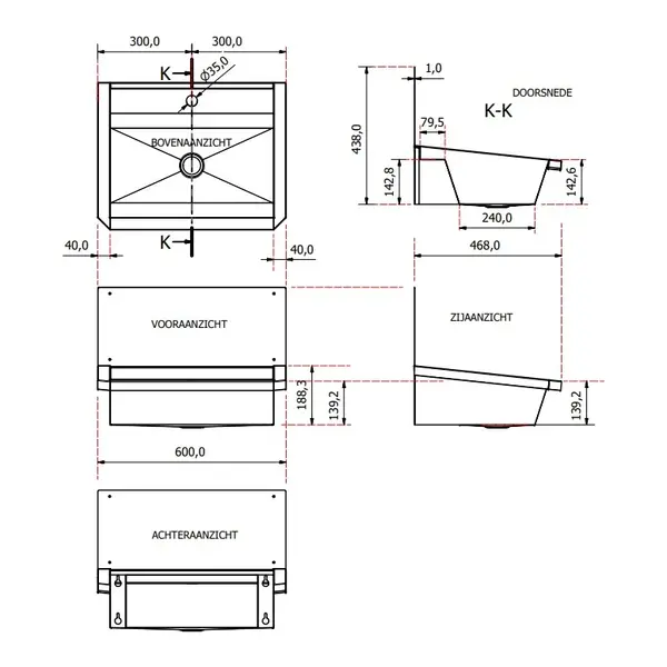 Wasbak | RVS | 1 Kraangat | Spatscherm | Incl. Afvoerplug | 600x468x438(h)mm