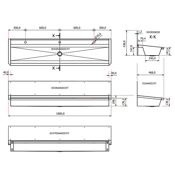 Wasbak | RVS | 3 Kraangaten | Spatscherm | Incl. Afvoerplug | 1800x468x438(h)mm
