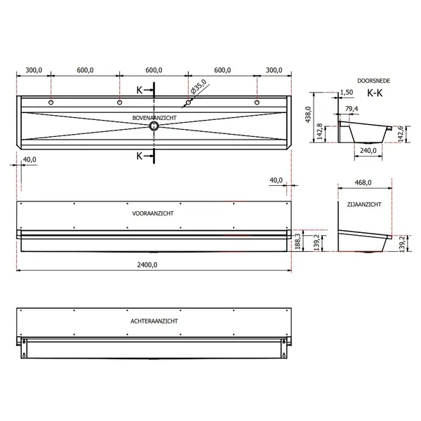 Wasbak | RVS | 4 Kraangaten | Spatscherm | Incl. Afvoerplug | 2400x468x438(h)mm