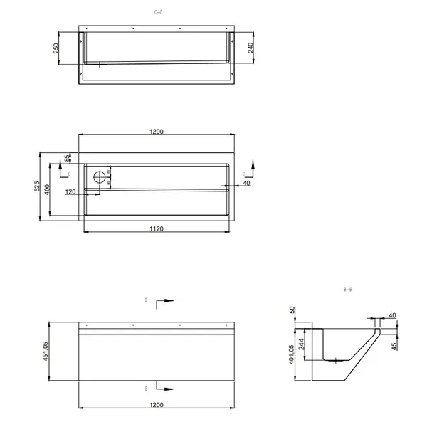 Wasbak | RVS | 2 Kraangaten | Dubbelwandig | Incl. Afvoerplug + Sifon | 1200x425x165(h)mm