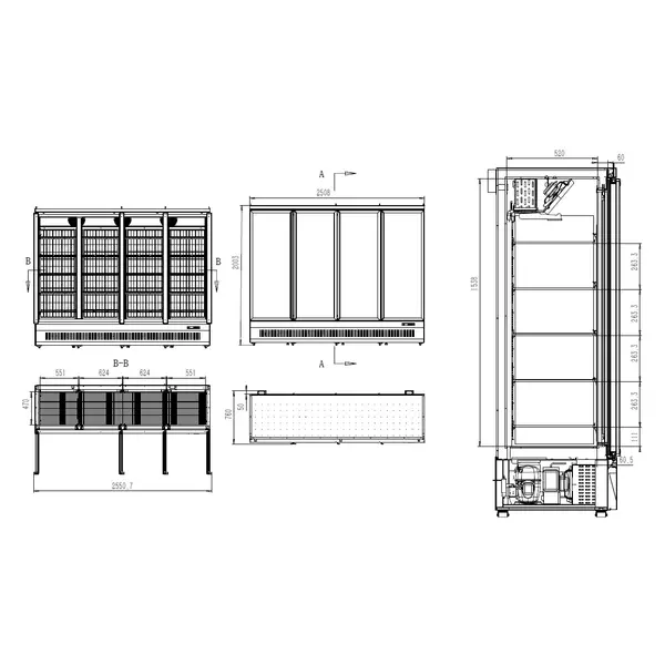 Vrieskast | JDE | 2120L | Zwart | -18°C/-22°C | Geforceerd | Draaideuren | Wielen (Geremd) | 2550x710x2003(h)mm