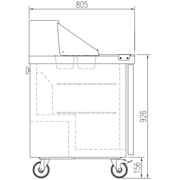 Saladette | 394L | 2 Deuren | Boven 12x 1/6 GN | 0°C/+8°C | Geforceerd | Klapdeksel | Temperatuuralarm | Wielen (Geremd) | 1228x805x926(h)mm