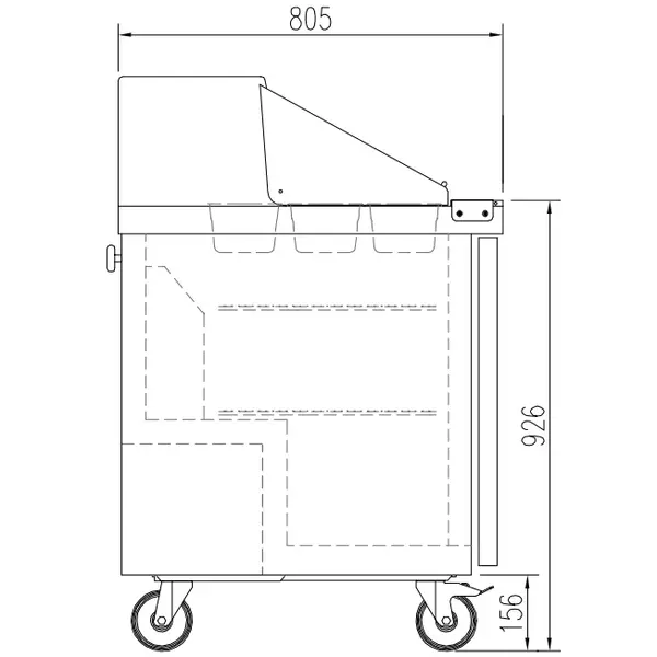 Saladette | 394L | 2 Deuren | Boven 18x 1/6 GN | 0°C/+8°C | Geforceerd | Klapdeksel + Snijblad | Temperatuuralarm | Wielen (Geremd) | 1228x805x926(h)mm