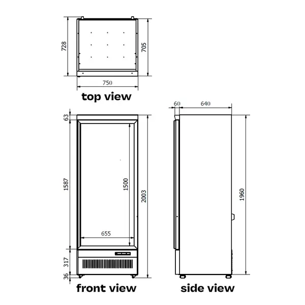 Vrieskast | JDE | 600L | Zwart | -18°C/-22°C | Geforceerd | Wielen (Geremd) | 750x710x2003(h)mm