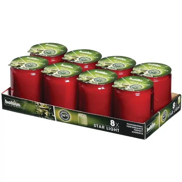 Glaskaarsen | STARLIGHT | Was/Glas | Wit/Rood | 50 Branduren | 8 Stuks | Ø68x82(h)mm