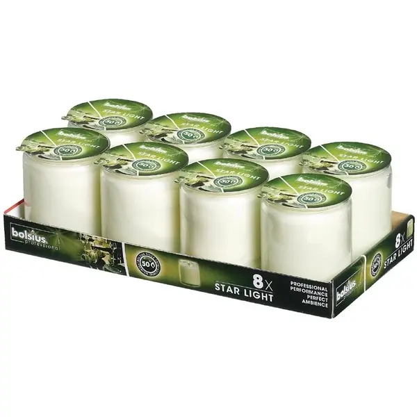 Glaskaarsen | STARLIGHT | Was/Glas | Wit | 50 Branduren | 8 Stuks | Ø68x82(h)mm