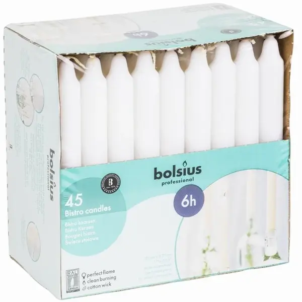 Dinerkaarsen | Was | Wit | 6 Branduren | 45 Stuks | 177(h)mm