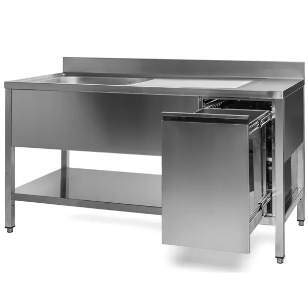 Spoeltafel | RVS | 1 Spoelbak (Links) + Afvallade | Bodemschap | Diepte 700 | Hoogte 850 | Breedte 1000-1600 | Achteropstand | Voorgemonteerd