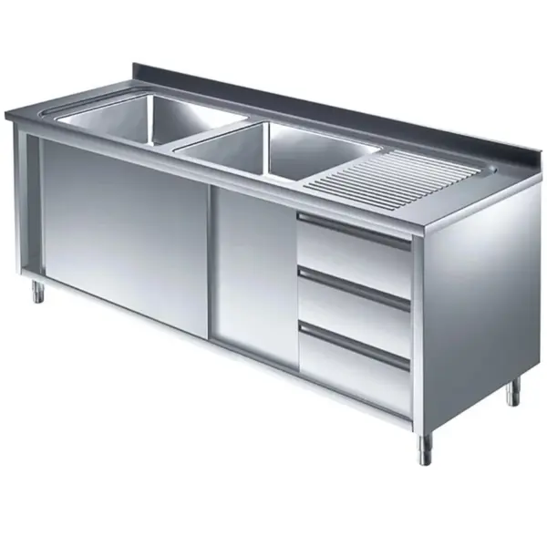 Spoeltafel | RVS | 2 Spoelbakken (Links) + Afdruipvlak | Schuifdeuren + Laden | Diepte 600 | Hoogte 850/950 | Breedte 1400-2000 | Achteropstand | Voorgemonteerd