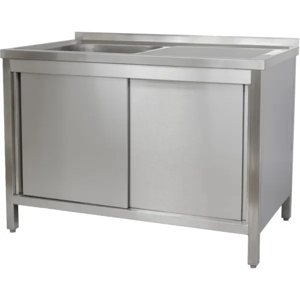 Spoeltafel | RVS | 1 Spoelbak (Links) + Afdruipvlak | Draaideuren + Laden | Achteropstand | Voorgemonteerd | 1200x700x850