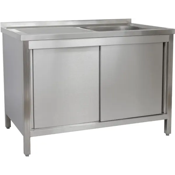 Spoeltafel | RVS | 1 Spoelbak (Rechts) + Afdruipvlak | Draaideuren + Laden | Achteropstand | Voorgemonteerd | 1200x600x850