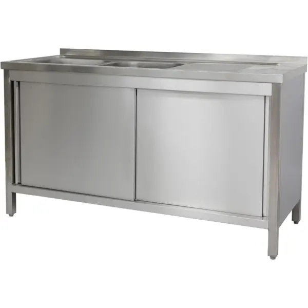 Spoeltafel | RVS | 2 Spoelbakken (Links) + Afdruipvlak | Schuifdeuren + Laden | Achteropstand | Voorgemonteerd | 1500x600x850