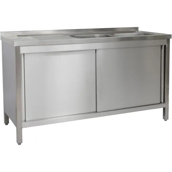Spoeltafel | RVS | 2 Spoelbakken (Rechts) + Afdruipvlak | Schuifdeuren + Laden | Achteropstand | Voorgemonteerd | 1500x600x850