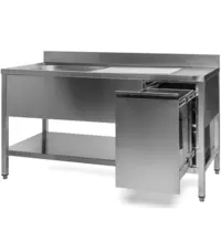 Luxus Spoeltafel | RVS | 1 Spoelbak (Links) + Afvallade | Bodemschap | Diepte 600 | Hoogte 850 | Breedte 1000-1600 | Achteropstand | Voorgemonteerd