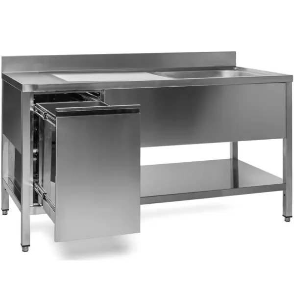 Spoeltafel | RVS | 1 Spoelbak (Rechts) + Afvallade | Bodemschap | Diepte 600 | Hoogte 850 | Breedte 1000-1600 | Achteropstand | Voorgemonteerd