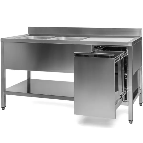 Spoeltafel | RVS | 2 Spoelbakken (Links) + Afvallade | Bodemschap | Diepte 600 | Hoogte 850 | Breedte 1400-2000 | Achteropstand | Voorgemonteerd