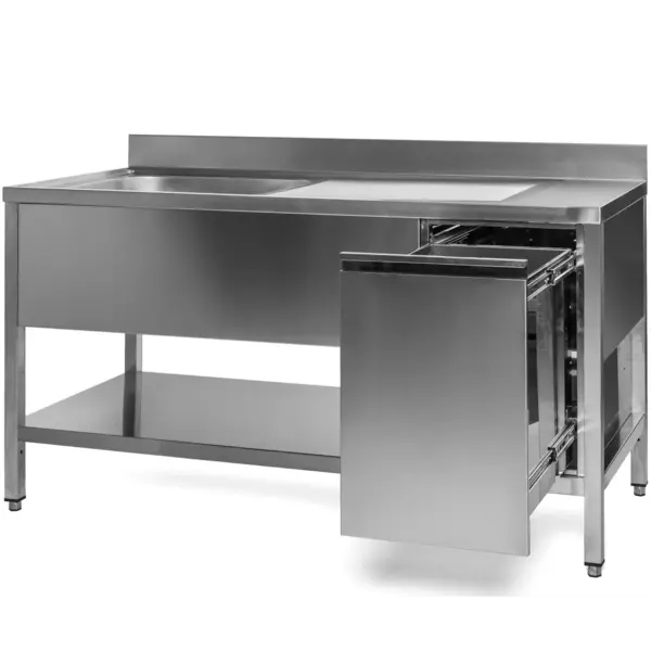 Spoeltafel | RVS | 1 Spoelbak (Links) + Afvallade | Bodemschap | Diepte 700 | Hoogte 850 | Breedte 1000-1600 | Achteropstand | Voorgemonteerd