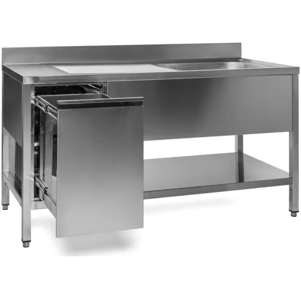 Spoeltafel | RVS | 1 Spoelbak (Rechts) + Afvallade | Bodemschap | Diepte 700 | Hoogte 850 | Breedte 1000-1600 | Achteropstand | Voorgemonteerd