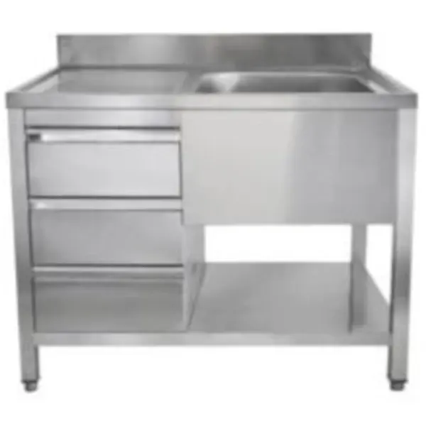Spoeltafel | RVS | 1 Spoelbak (Rechts) + Laden | Bodemschap | Diepte 600 | Hoogte 850 | Breedte 1000-1600 | Achteropstand | Voorgemonteerd